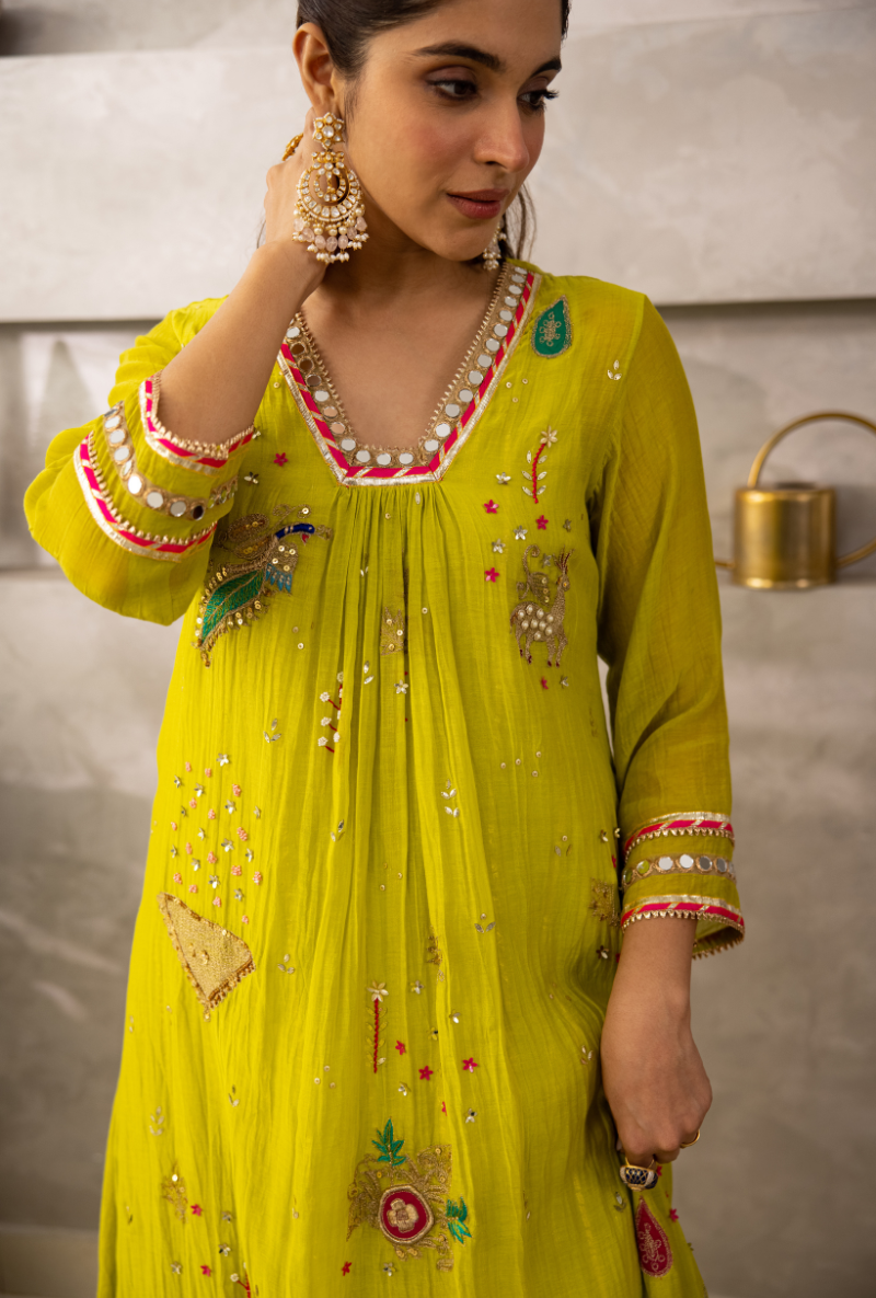 Lime Green Glass Neckline A-Line Laado Kurta Set