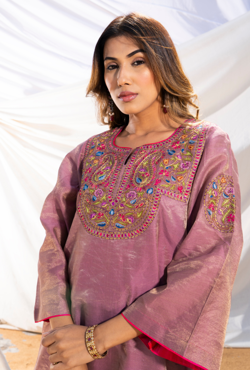 Mauve Handloom Cotton Zari Tissue Embroidered Kiara Kurta Set