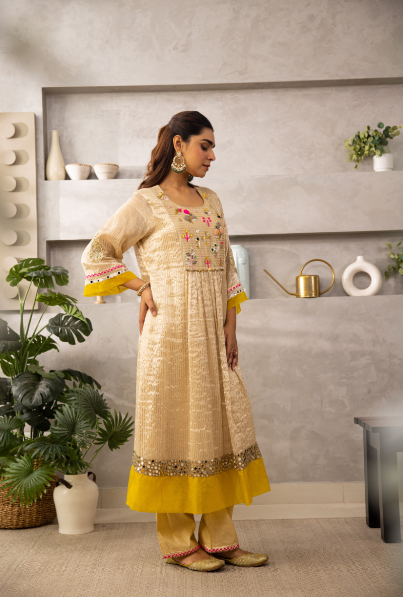 Ivory Reshamn Yoke Front Pleats Laado Kurta Set