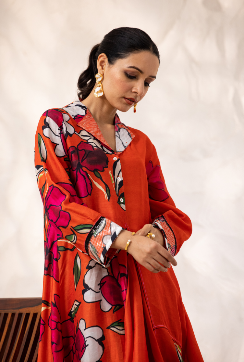 Red Printed Cowl Ivy Kurta Set