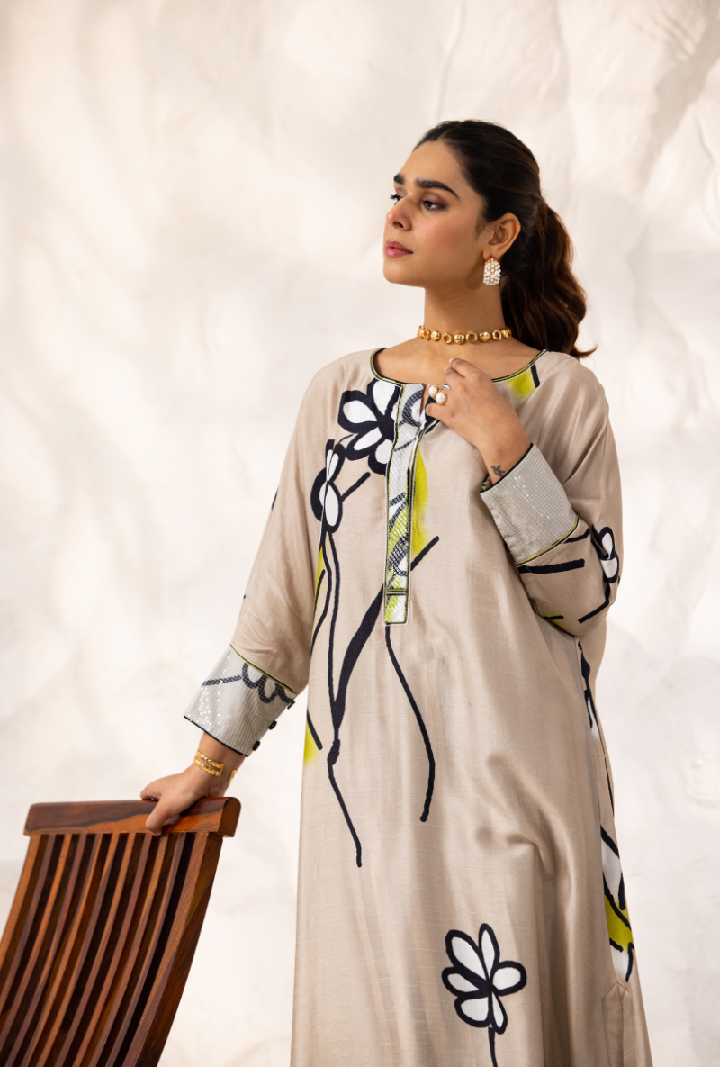 Beige Long Floral Ivy Kurta Set