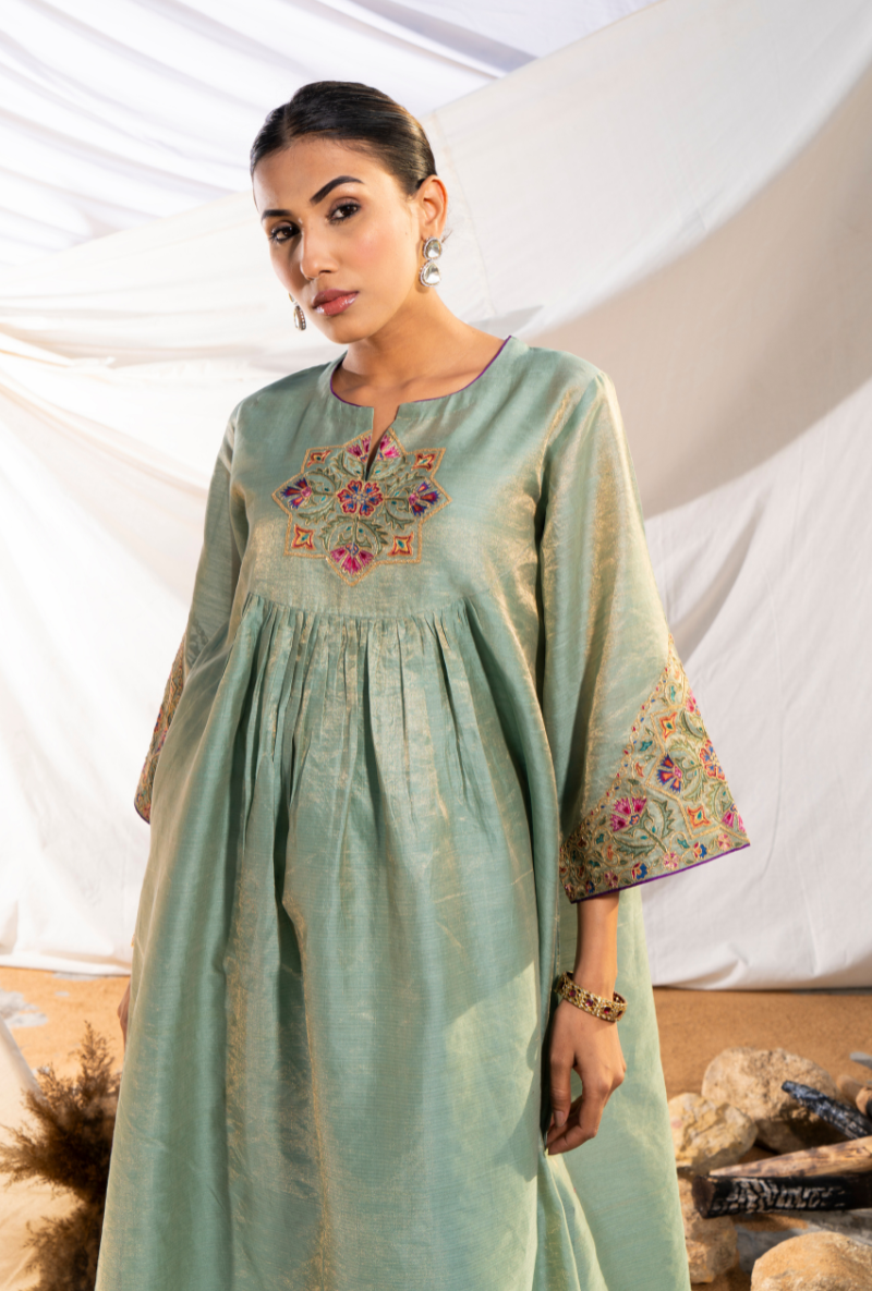 Sage Green Handloom Cotton Zari Tissue Embroidered Kiara Kurta Set