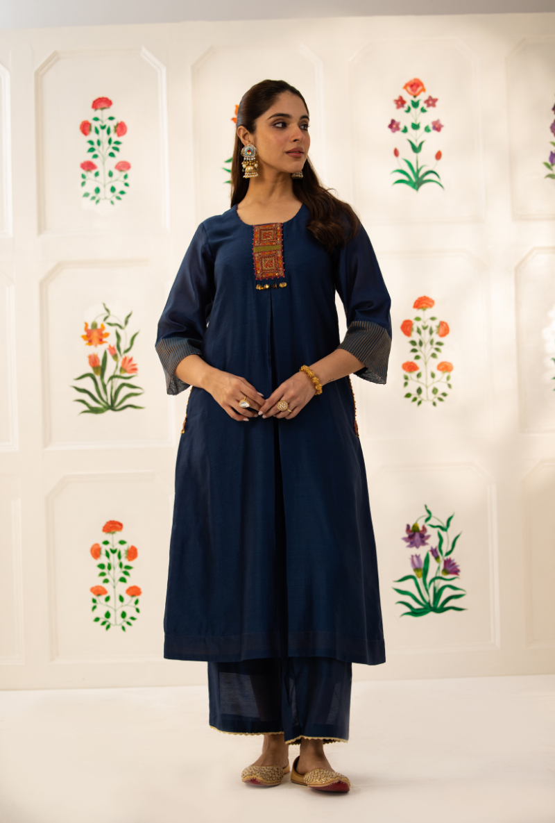 Blue Double Box Pleat Kishmish Kurta Set