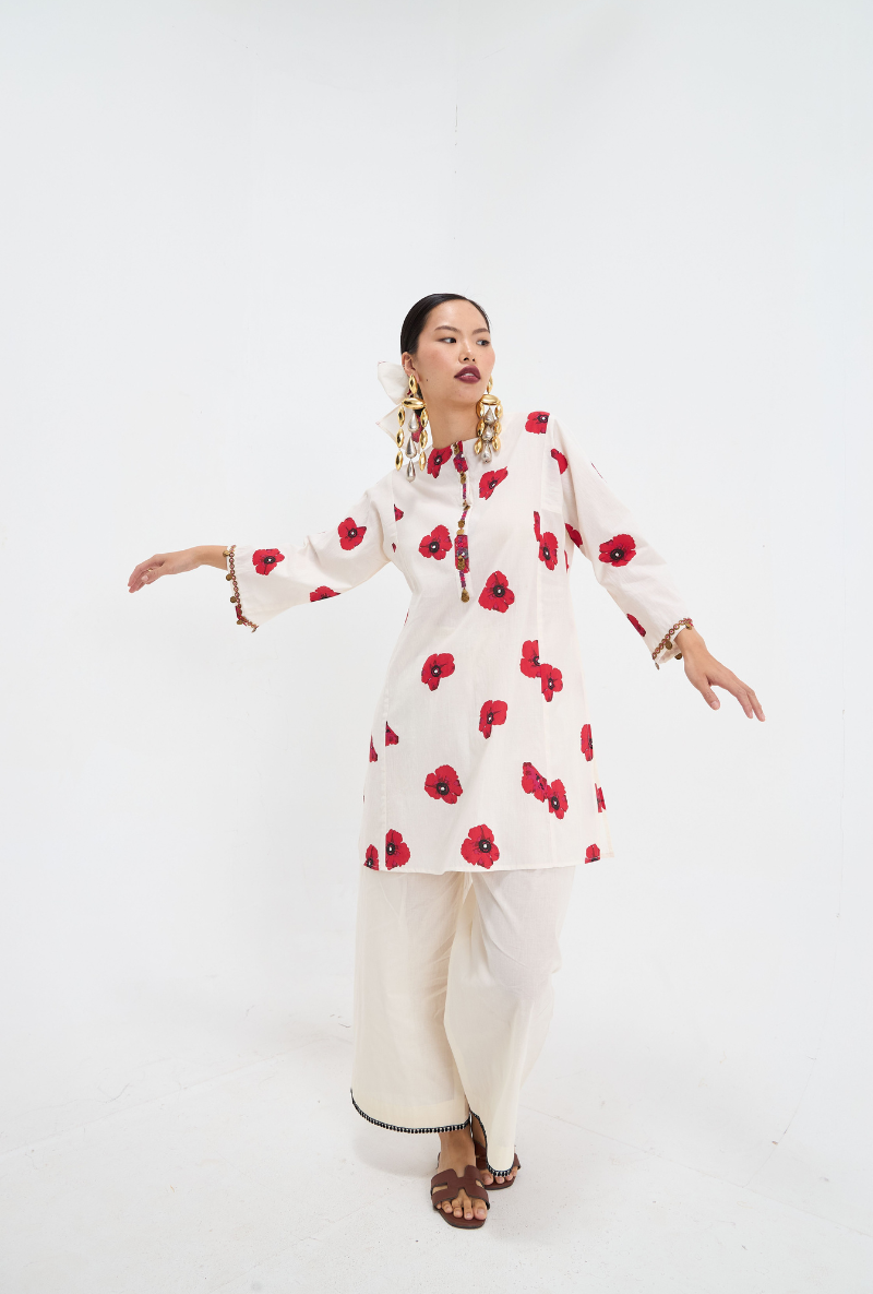 White Hand Embroidered Poppy Love Letters Kurta Set