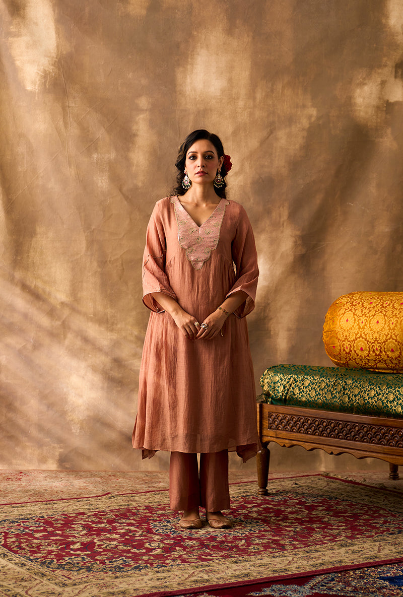 Coral Rose Brocade Patch Khwaab Kurta Set