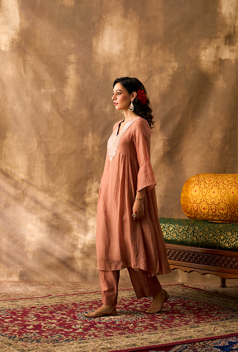 Coral Rose Brocade Patch Khwaab Kurta Set