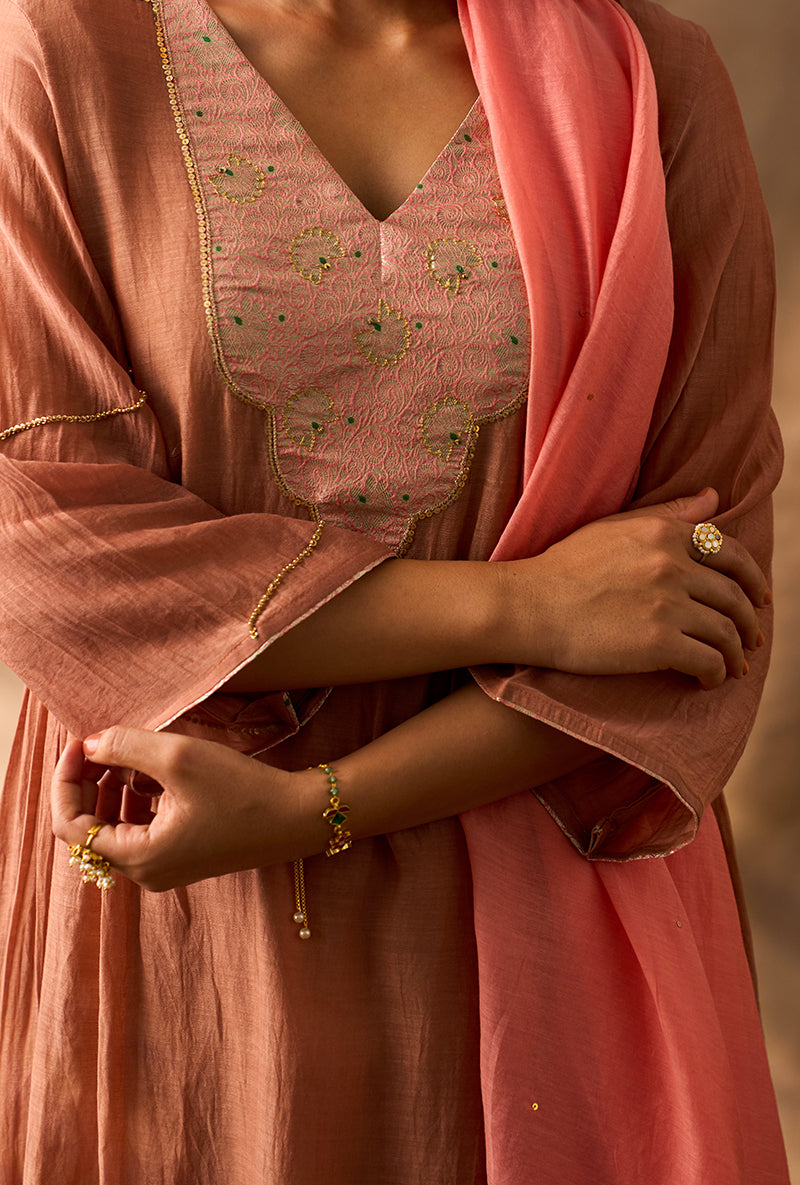 Coral Rose Brocade Patch Khwaab Kurta Set