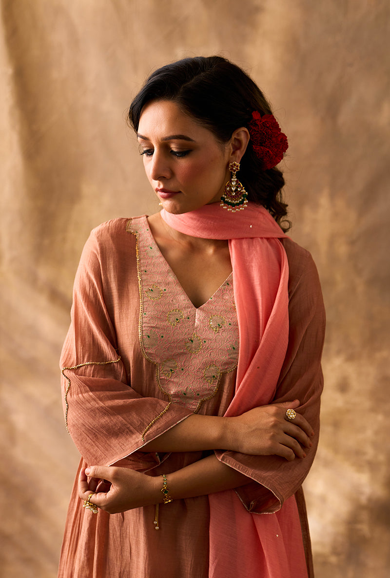 Coral Rose Brocade Patch Khwaab Kurta Set