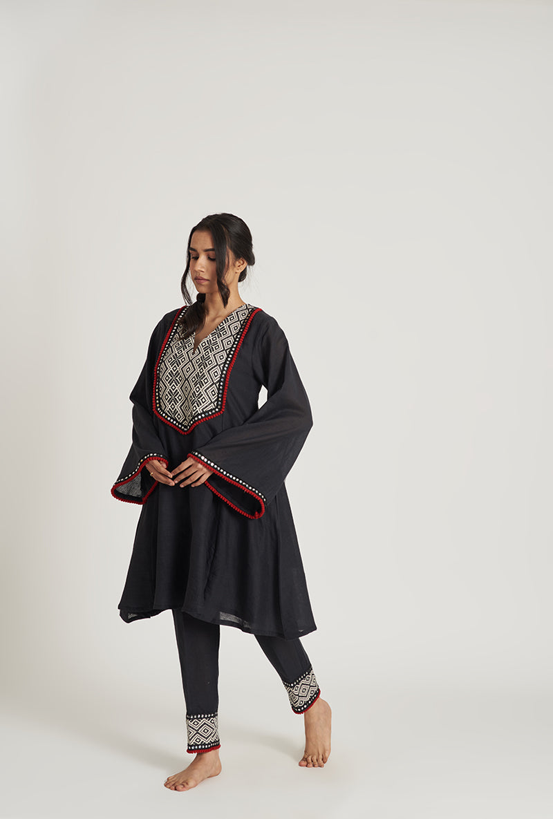 Midnight Black Pakistani-Inspired Flared Samiya Pakizah Kurta Set