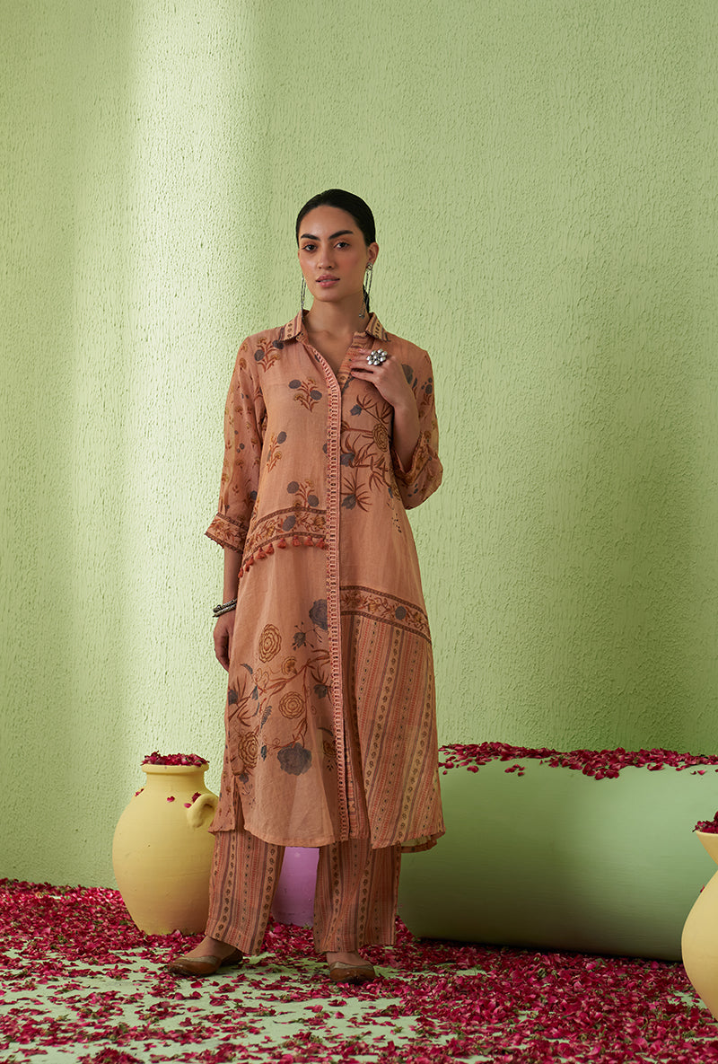 Peach Printed Collar Tara Kurta Set