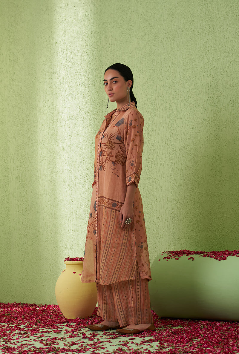 Peach Printed Collar Tara Kurta Set