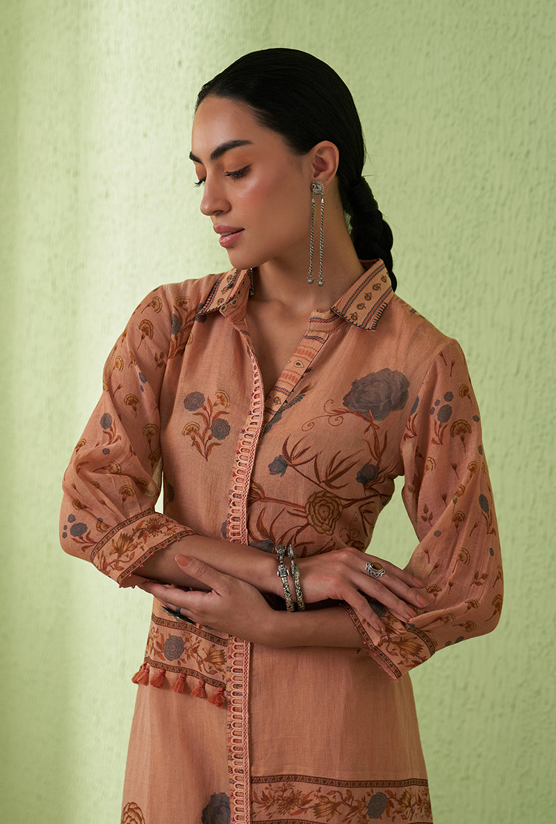 Peach Printed Collar Tara Kurta Set