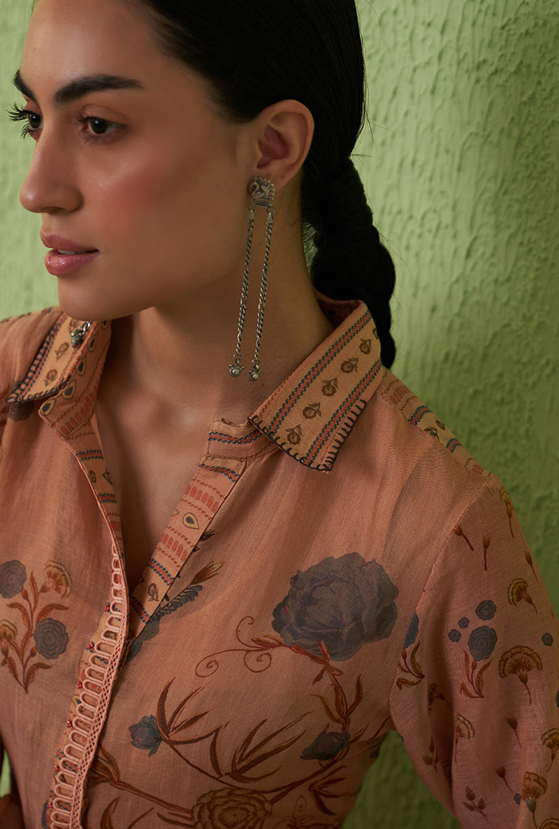 Peach Printed Collar Tara Kurta Set