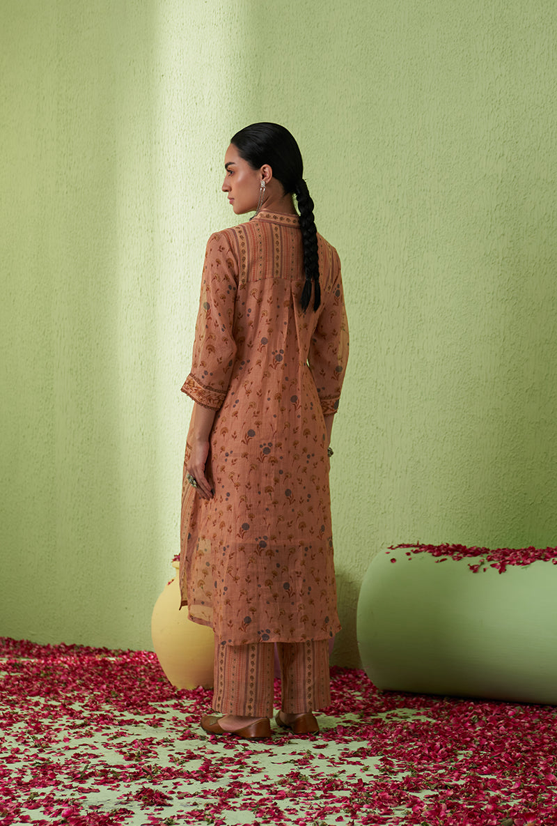 Peach Printed Collar Tara Kurta Set