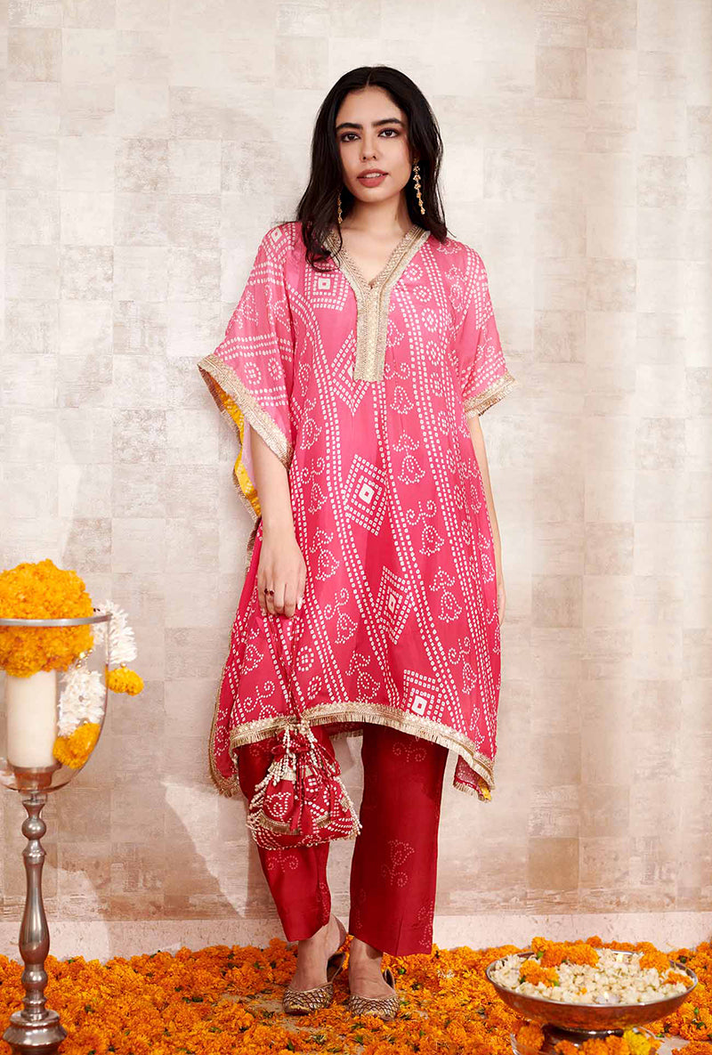 Pink Bandhani Kaya Kaftan Set