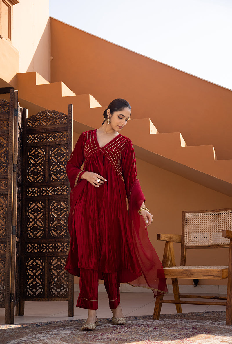 Red Sequin Crushed Velvet Ghazal Kurta Set