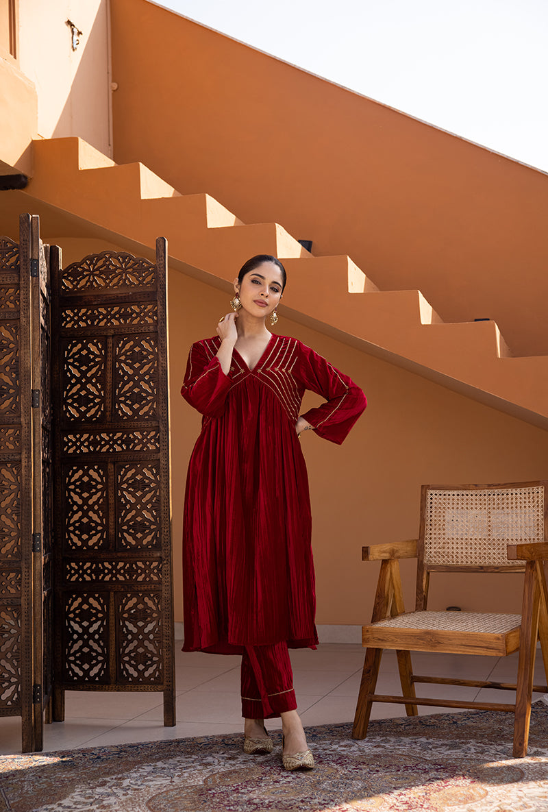 Red Sequin Crushed Velvet Ghazal Kurta Set