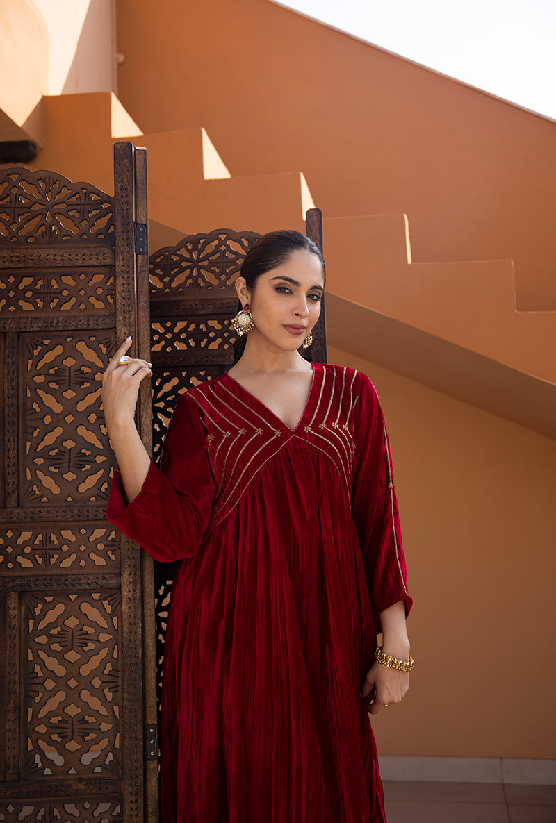 Red Sequin Crushed Velvet Ghazal Kurta Set