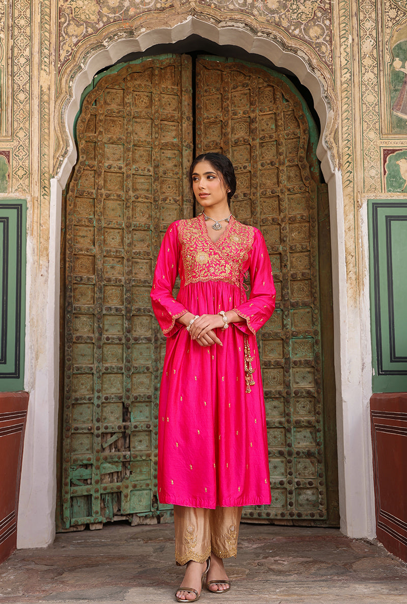 Shocking Pink Overlap Frockstyle Raag Kurta Set