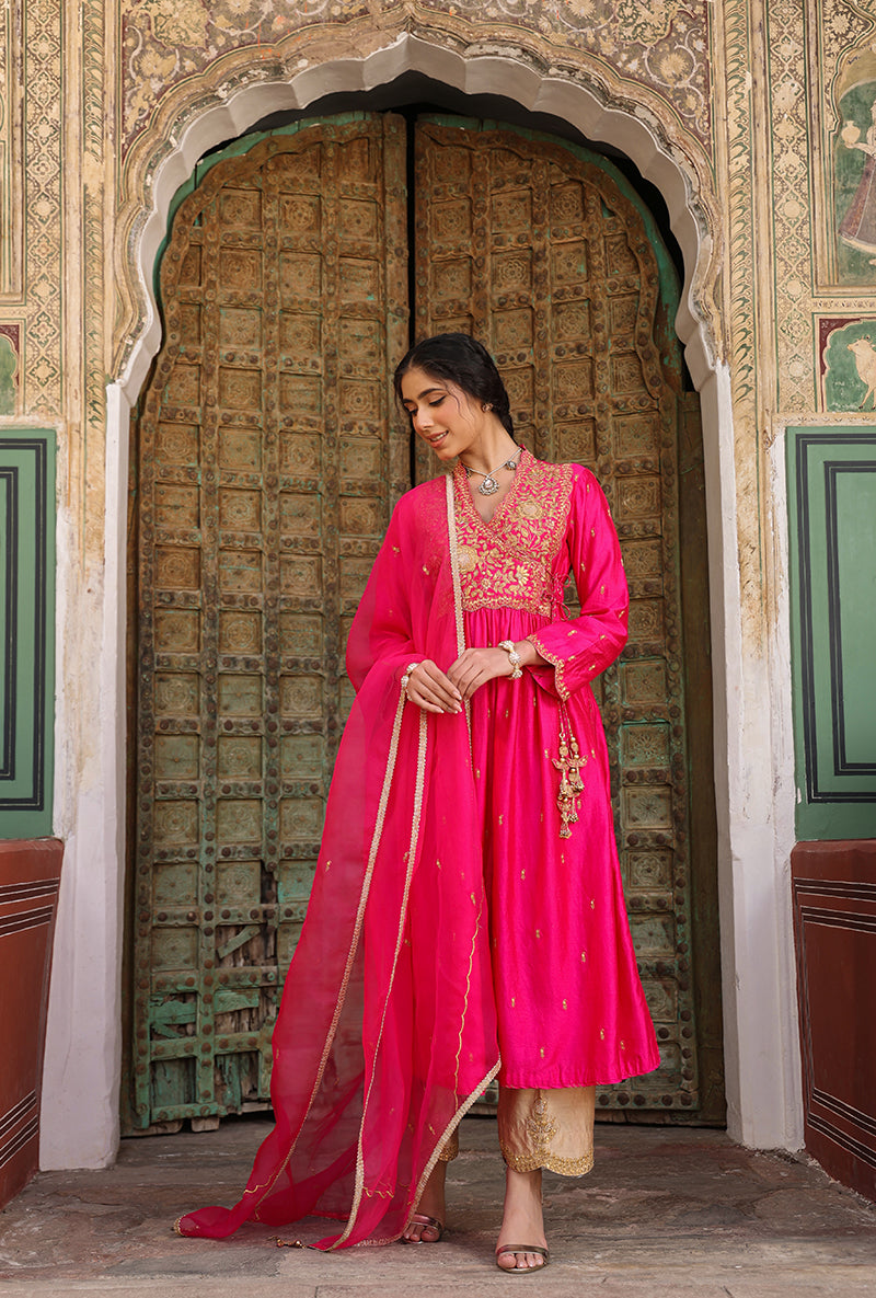 Shocking Pink Overlap Frockstyle Raag Kurta Set