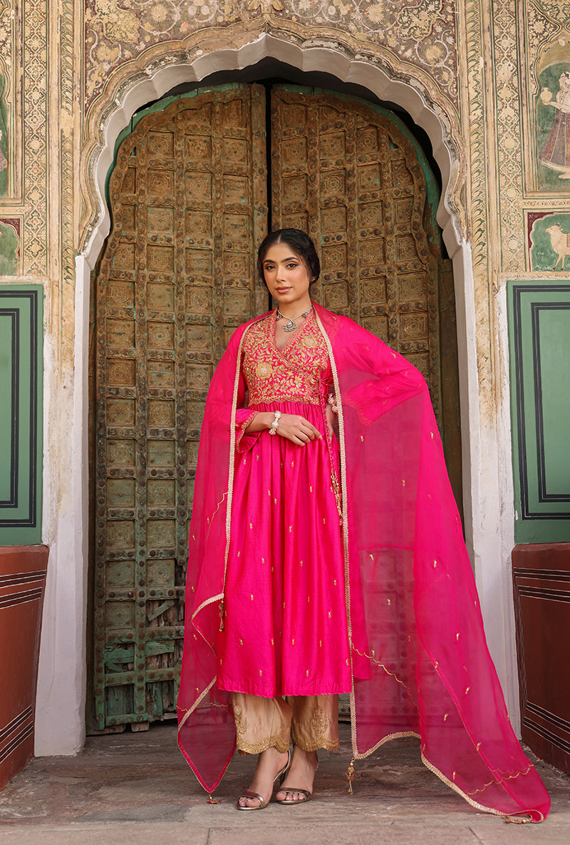 Shocking Pink Overlap Frockstyle Raag Kurta Set