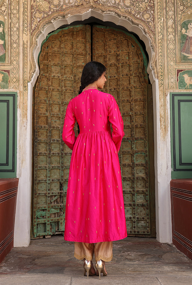 Shocking Pink Overlap Frockstyle Raag Kurta Set