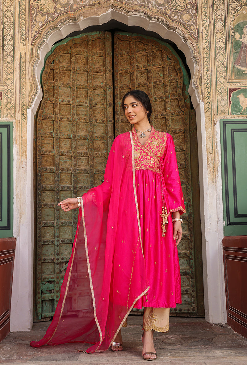 Shocking Pink Overlap Frockstyle Raag Kurta Set