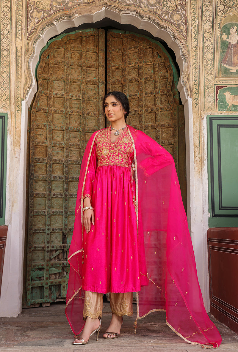 Shocking Pink Overlap Frockstyle Raag Kurta Set