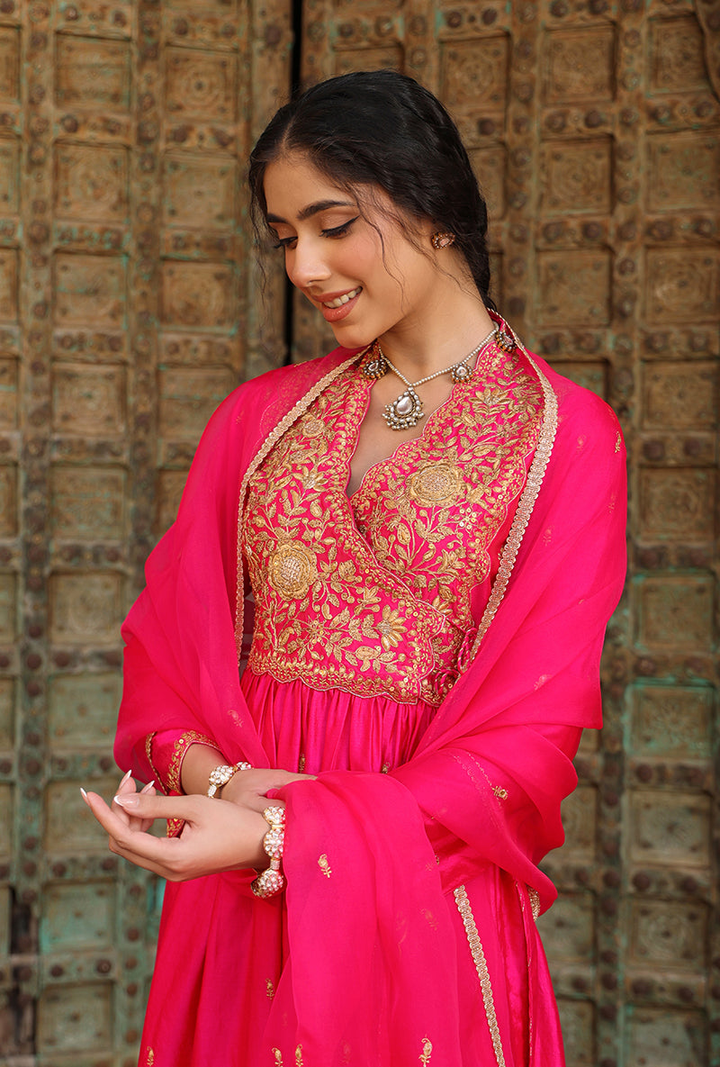 Shocking Pink Overlap Frockstyle Raag Kurta Set