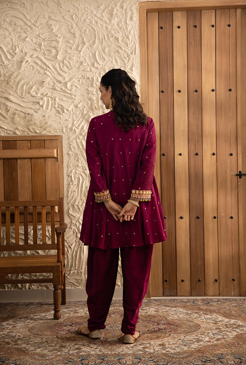 Wine Short Heavy Resham Yoke Masakali Dhoti Masakali Kurta Set