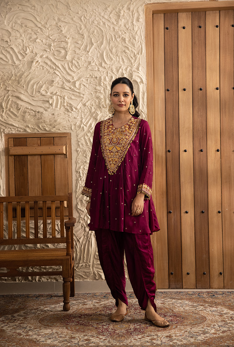 Wine Short Heavy Resham Yoke Masakali Dhoti Masakali Kurta Set