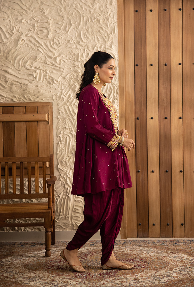 Wine Short Heavy Resham Yoke Masakali Dhoti Masakali Kurta Set