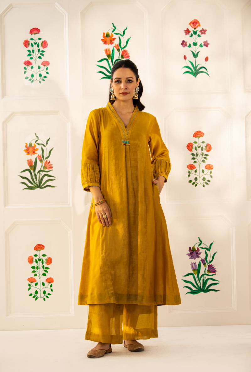 Yellow High Collar Kishmish Kurta Set