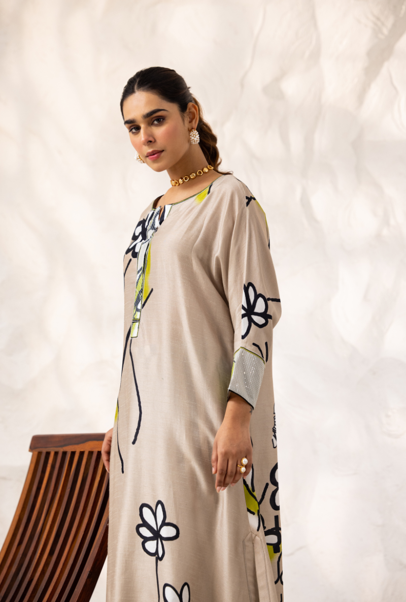 Beige Long Floral Ivy Kurta Set