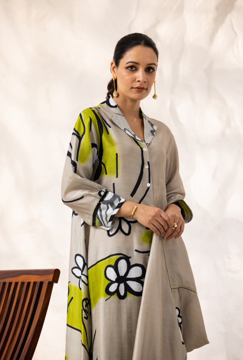 Beige Printed Cowl Ivy Kurta Set