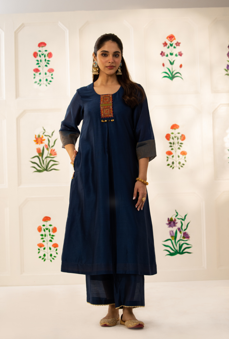 Blue Double Box Pleat Kishmish Kurta Set