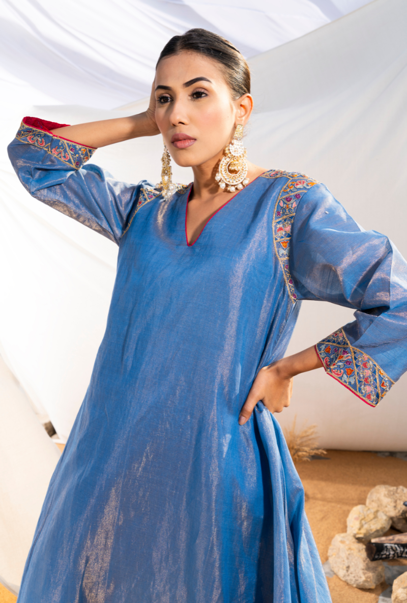 Blue Handloom Cotton Zari Tissue Embroidered Kiara Kurta Set