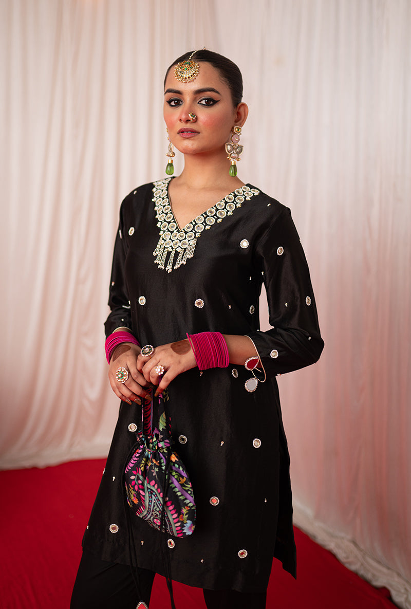 Black Embroidered Kikli Short Kurta Set