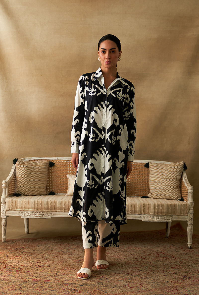 Black Ikat Print Marigold Kurta Set