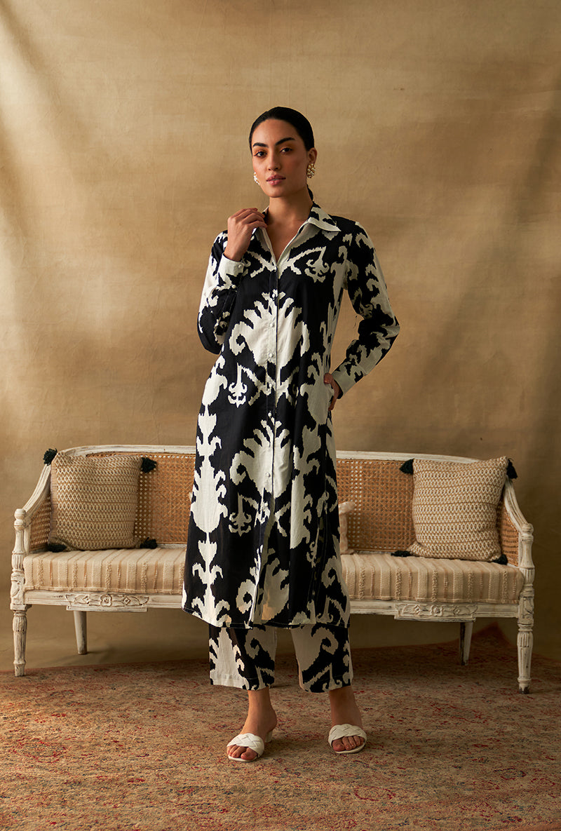 Black Ikat Print Marigold Kurta Set