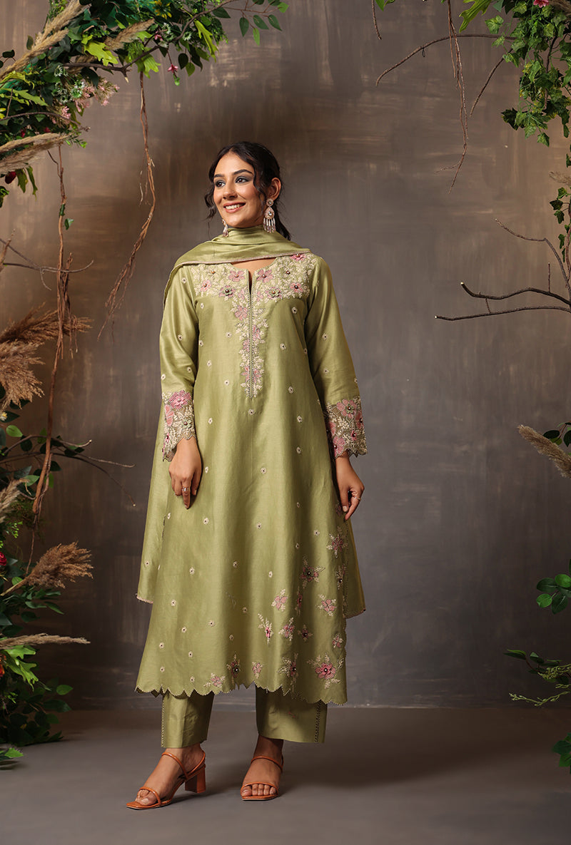 Green Applique Samah Kurta Set