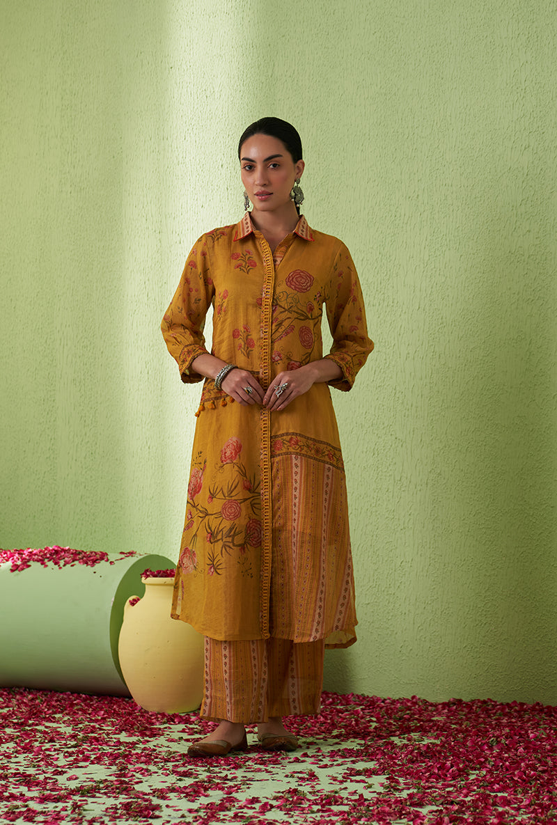 Mustard Printed Collar Tara Kurta Set