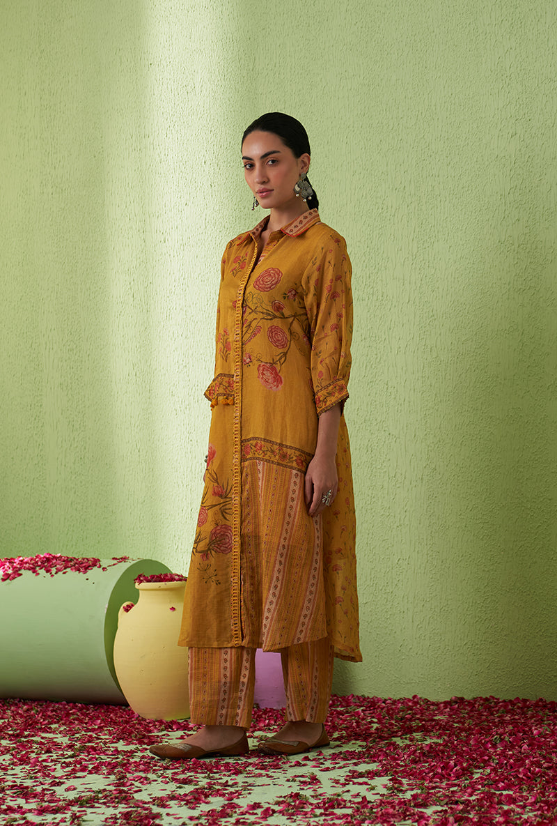 Mustard Printed Collar Tara Kurta Set