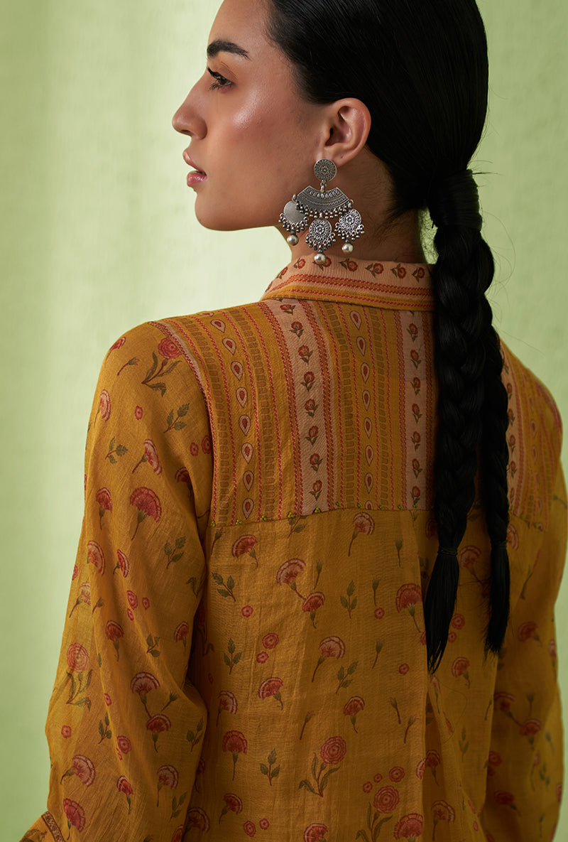 Mustard Printed Collar Tara Kurta Set