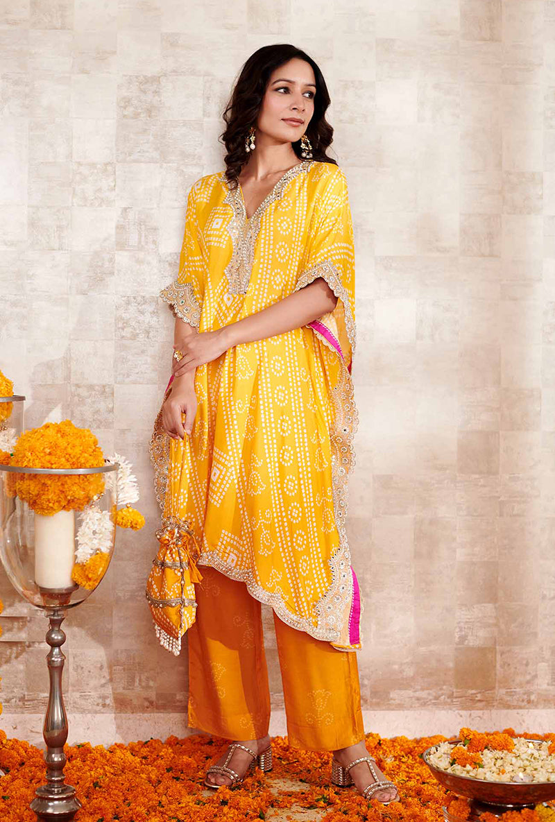 Yellow Bandhani Kaya Kaftan Set