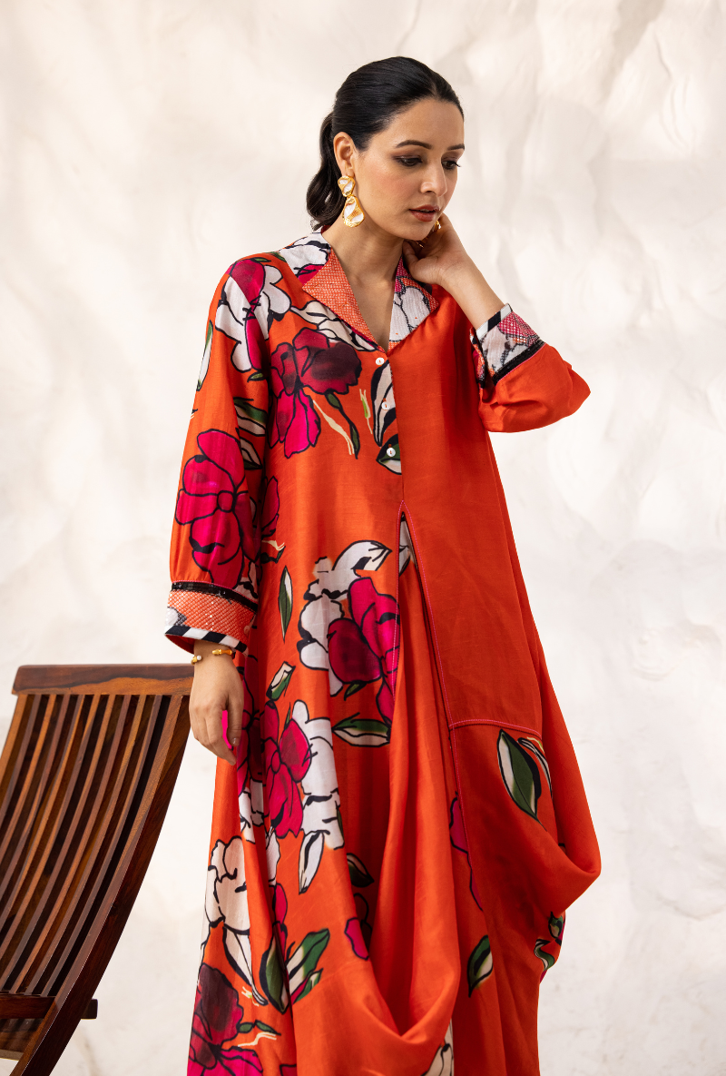 Red Printed Cowl Ivy Kurta Set