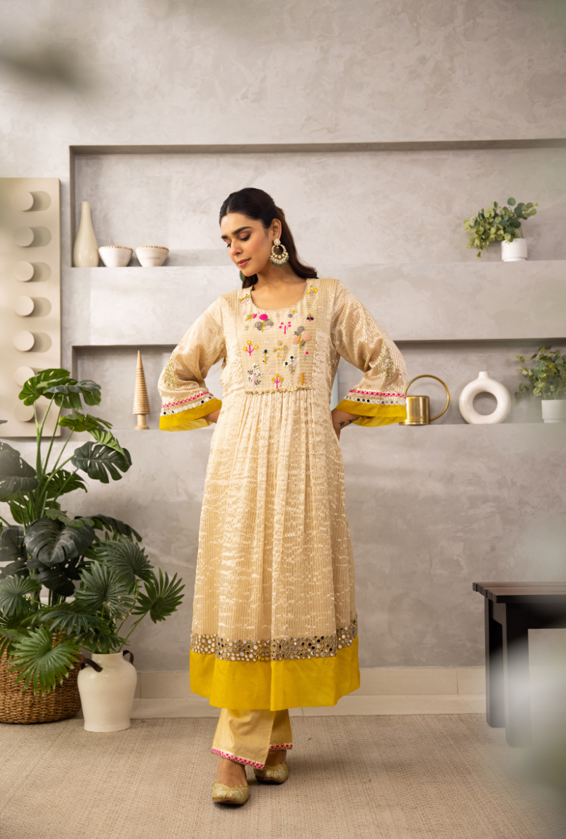 Ivory Reshamn Yoke Front Pleats Laado Kurta Set