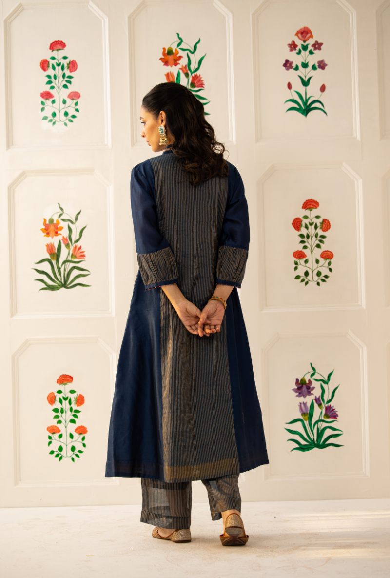 Blue High Collar Kishmish Kurta Set