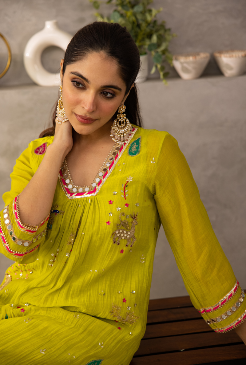 Lime Green Glass Neckline A-Line Laado Kurta Set