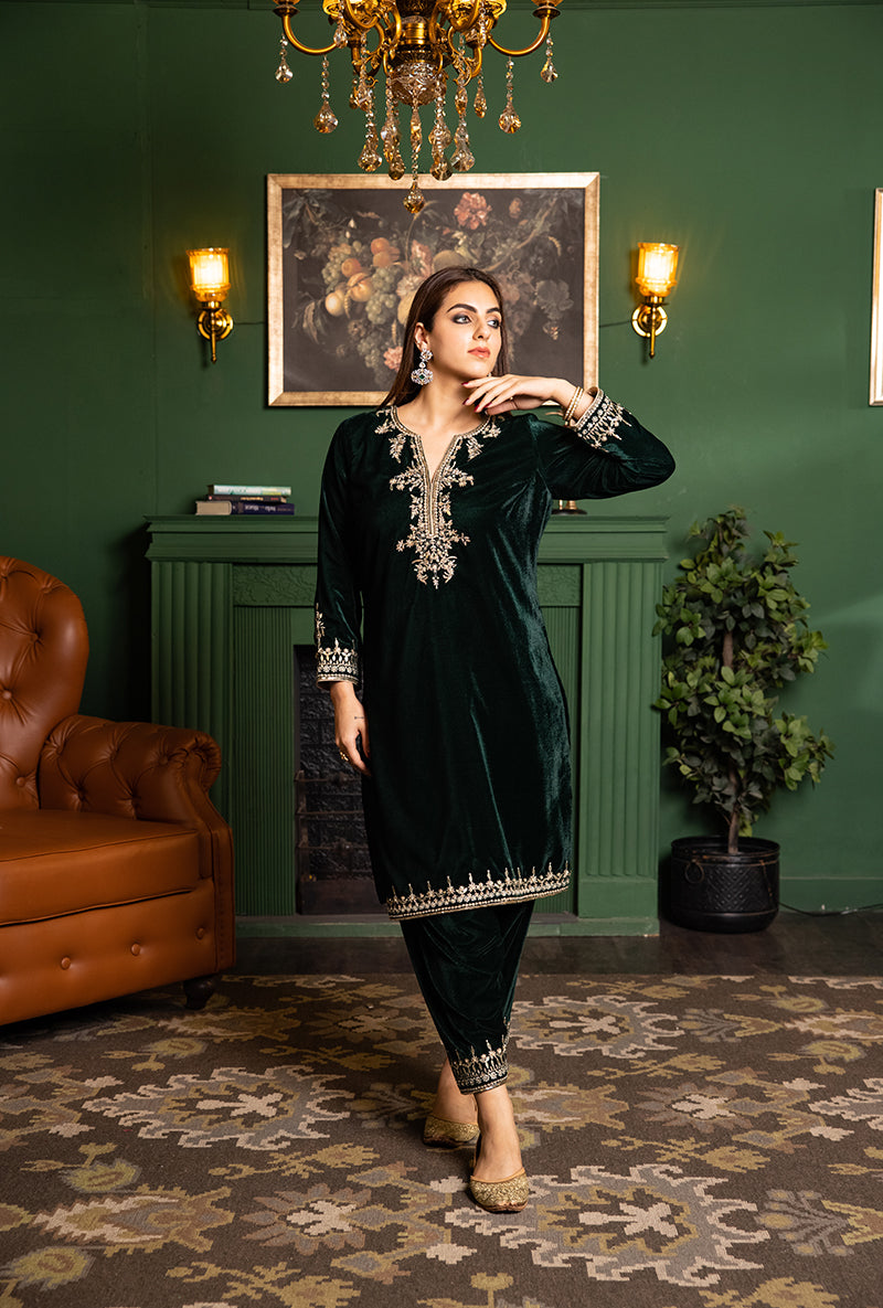 Bottle green velvet dress best sale